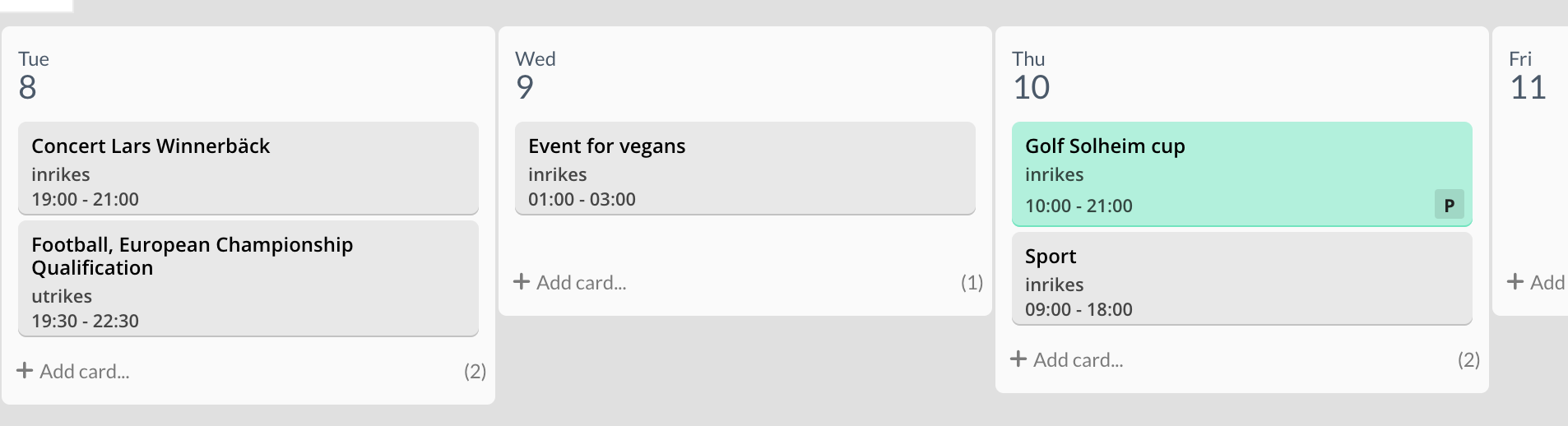 A view from Event calendar. It is clearly shown that the event Solheim cup has a Planning Card added.